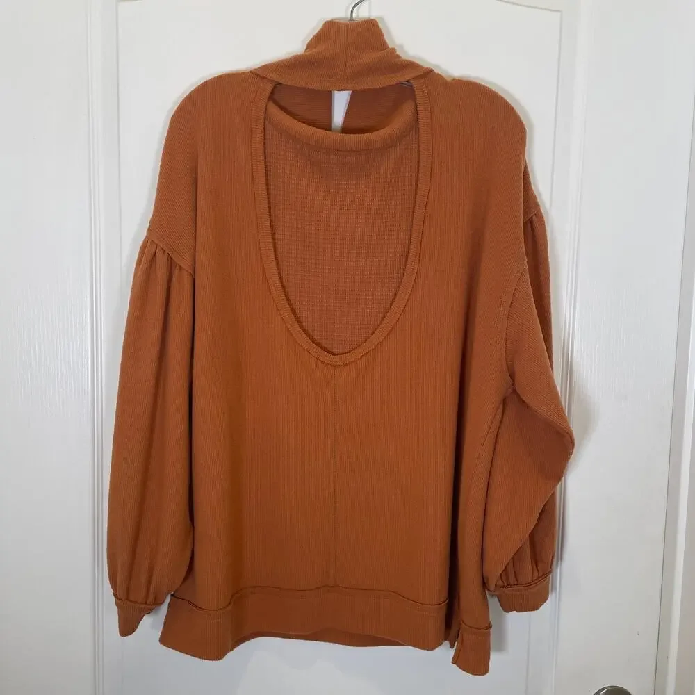 Free People‎ Winnie Top Mock Neck Cutout Back Tan Oversized Balloon Sleeve S